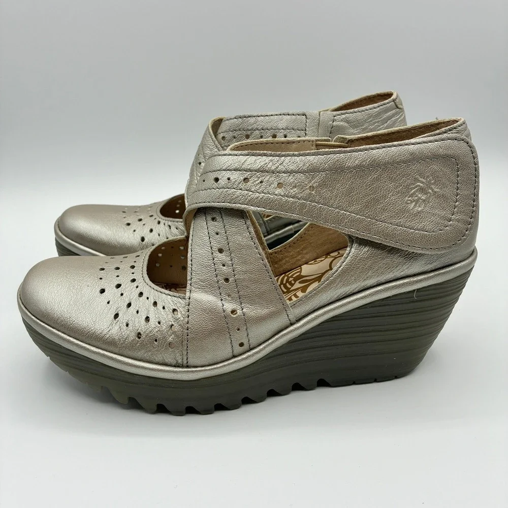 Fly London Yepe Wedge Sandals Womens 38 7.5-8 Gold Leather Perforated Mary Jane